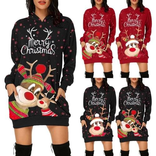Hoodie Christmas Dress Women Fashion Christmas Hoodie Bag Hip Pocket Print Fashion Dress Vestidos Invierno 2021 Mujer Casual