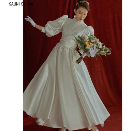 KAUNISSINA Vintage Satin Wedding Dresses 3/4 Sleeve Pearls High Neck A-Line Vestidos De Novia New Simple Bridal Gowns for Bride