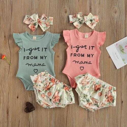 Newborn Baby Girls Clothes 3pcs Outfits Ruffles Fly Sleeve Letter Romper Tops Flowers Print Headband 0-12M