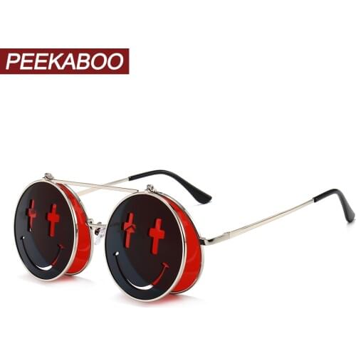 Peekaboo style punk flip up sunglasses round female smile retro clear color red men vintage sun glasses for women mirror lens
