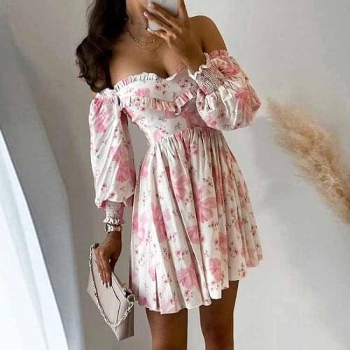 2021 Summer Womens New Fashion, Elegant and Versatile One Shoulder Floral Temperament Sexy Fungus High Waist Pleated Dress