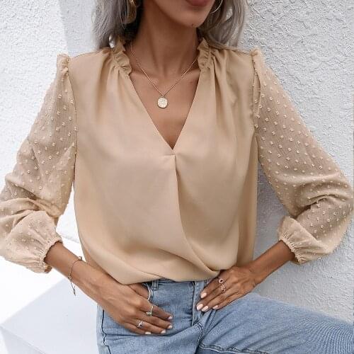 Casual Women Blouse Sexy V-neck Puff Long Sleeve Spring Autumn 2021 Female Shirts Spliced Solid Khaki Navy Blue Office Lady Tops
