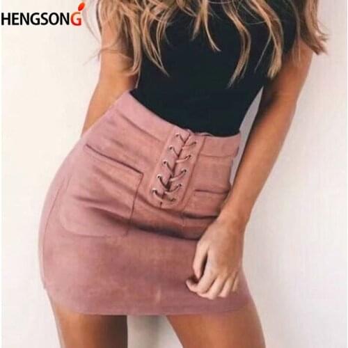 Lace-Up Pockets Yellow Pink Casual Women Suede Skirts High Waist Tube Bodycon Mini Skirts