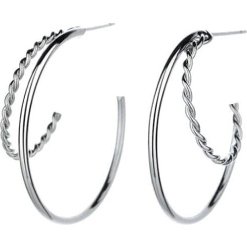 Korean Style C Shape Silver Color Stud Earrings Fashion Metal Twist Double Layer Earrings Glamour Womens Party Jewelry