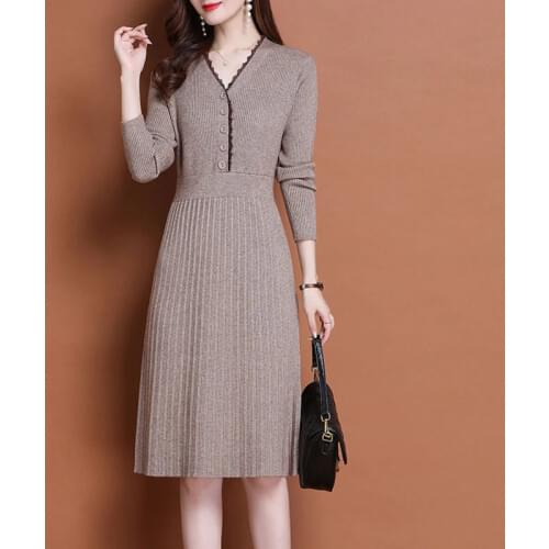 Knitted Long Sleeve Dress Women 2021 Slim Bodycon Autumn Korean Elegant Fall Winter Button V Neck Sweater Midi Pleated Dress 130