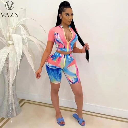 VAZN 2021 New Full Sleeve Tie Dye Print Deep V-neck Open Shinny Set Top Short Pant Sexy Young Skinny Women 2 Piece Set