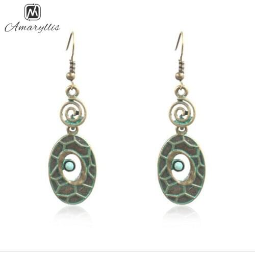 Amaiyllis Vintage Spiral Tribal Oval Statement Pendant Dangle Earrings Ethnic Carved Geometrical Drop Earrings Bohemian Brincos