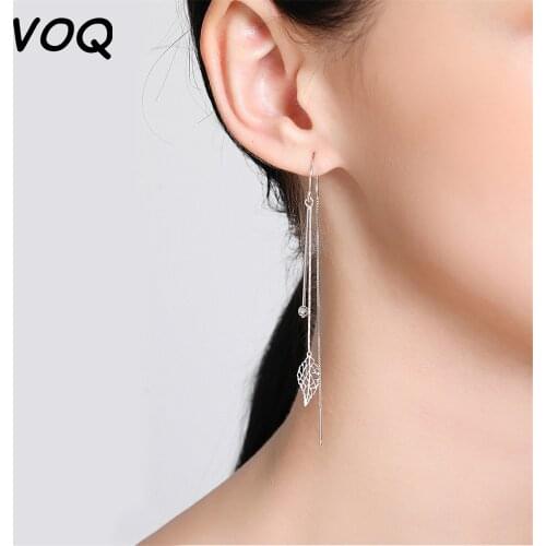 VOQ 925 Sterling Silver Leaf Earrings Tassel Drop Earrings Ladies Wedding Fashion Jewelry Gift