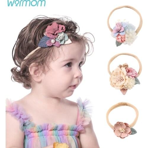 Warmom Handmade Stitching Pearl Flower Hair Ornament Nylon Stretch Baby Headband for Girl Kids Hair Accessories Baby Accessories