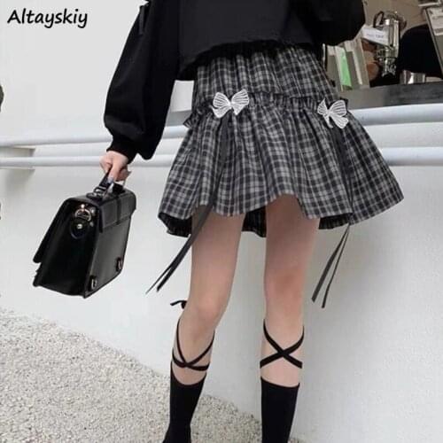Mini Skirts Women Classical Plaid with Cute Bow A-line Slim Summer New All-match Chic Elastic Waist Student Harajuku Lovely Ins
