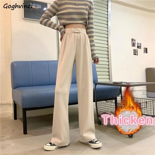 Women Wide Leg Casual Pants Elastic High Waist Buttons Corduroy Plus Velvet Thicken Loose Soft All-match Warm Elegant Korean