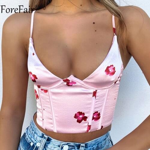 Forefair 2021 Summer Sexy Satin Corset Crop Top Women Off Shoulder Pink Backless Floral V Neck Casual Sleeveless Tube Tank Tops