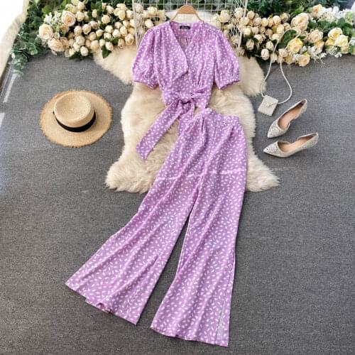 2021 New summer Printed Sets Womens V-neck Puff Sleeve Bow Tie Waist Short Top Split Wide Leg Pants Two-piece Sets UK877