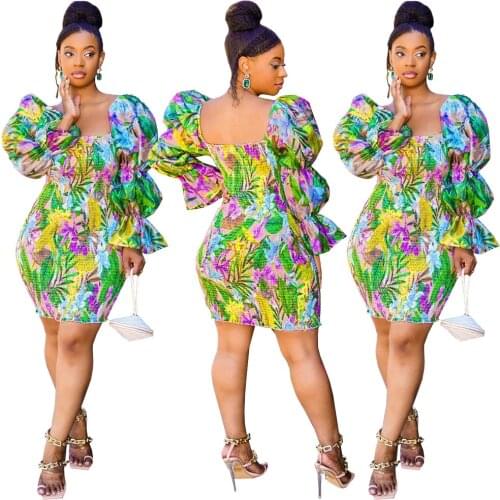 Echoine Fashion Printed Puff Sleeves Female Dress Square Collar Knee-length Lantern Sleeve Dress