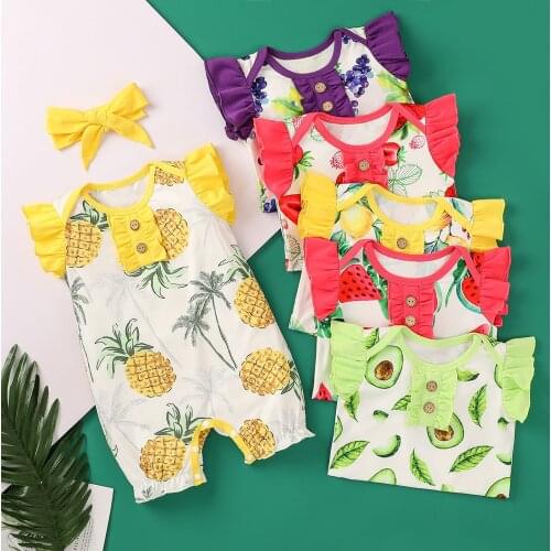 2Pcs Baby Girls Outfit Sweet Style Summer Fruits Printing Lace Button Decoration Fly Sleeve Round Collar Romper + Headwear Set