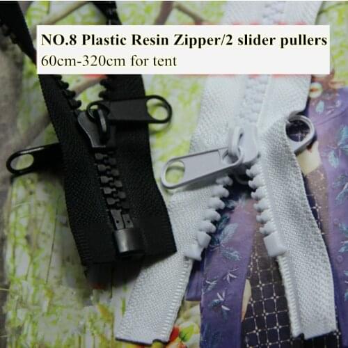 2 Pieces Tent Zipper No.8 Plastic Resin Zipper 60-320cm long Open end Double slider Puller white/black Customized free shipping