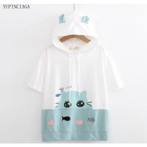 2020 Summer New Women Hooded T Shirts Funny Patchwork Short Sleeve Cotton T Shirt Girls Casual Loose Tops Tees