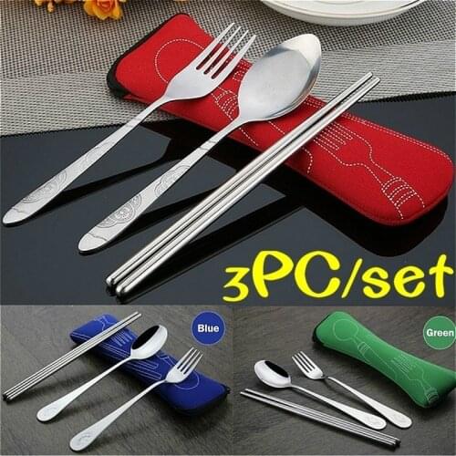 Travel Outdoor 3PC Stainless Steel Fork Spoon Chopsticks Cutlery Set Portable Camping Bag Picnic