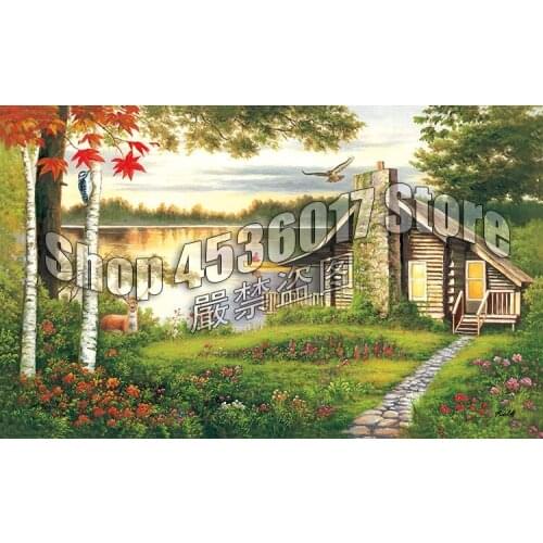 5D Diamond Embroidery Misty Lake Cottage Fall Cabins Cottages DIY Diamond Painting Mosaic Rhinestone Home Decor Gift Christmas