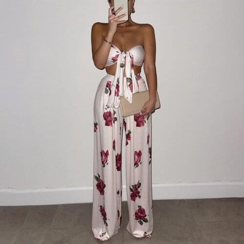 Floral Print Two Pieces Lace Up Crop Top Wide Leg Pants Set Elegant Party Streetwear 2021 Summer Outfit