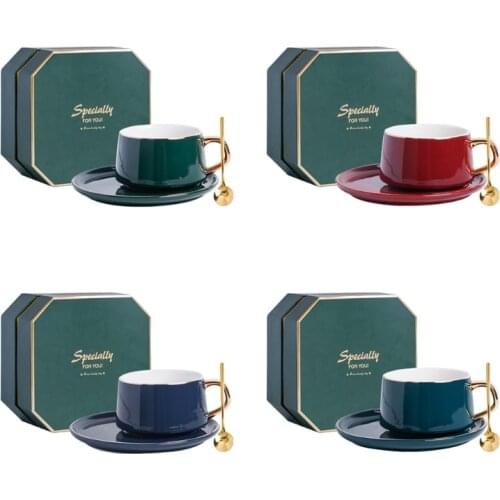 T84E European Style Delicate Ceramic Coffee Mug Tea Cup with Spoon and Saucer Base Luxury Retro Gift Box Set for Holiday Home