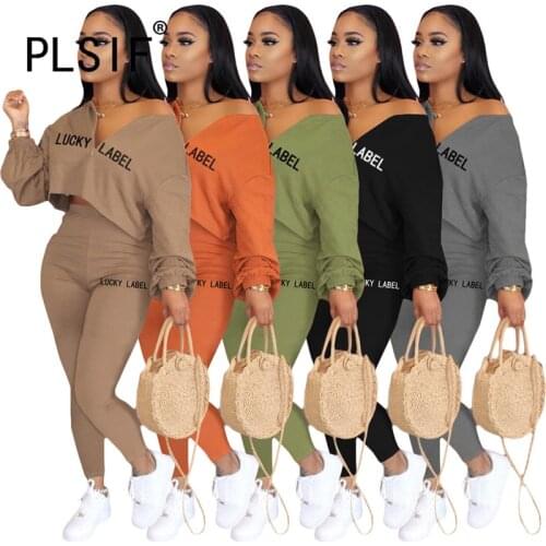 Lucky Label Letter Print Pant Set Full Sleeve 2 Pieces Tops And Long Pant Suit Woman Outfits Tracksuits