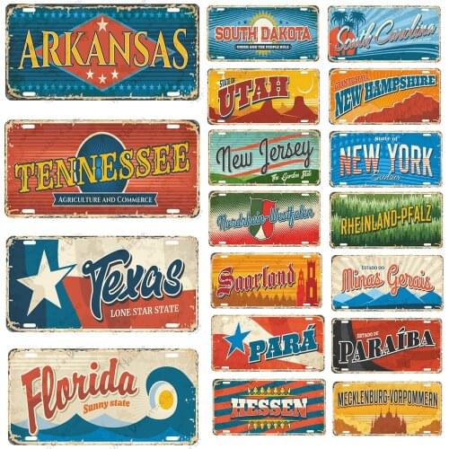American States Travel Destination Metal Sign Landmarks Vintage Plate City Taglines Rusty Metal Plates Club Bar Home Wall Plate