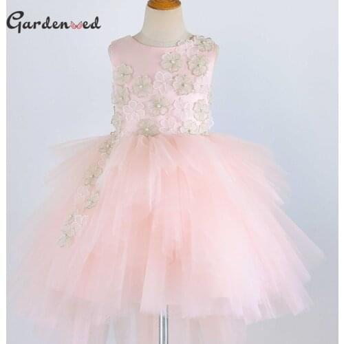 Layers Pink Flower Girl Dress Flower Emboridery Baby First Communion Dress Girl Tulle Layers Appliques Little Bride Dresses