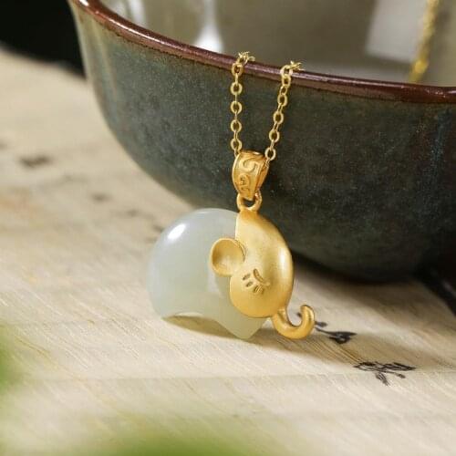Original S925 Sterling Silver Gold-Plated Natural Hetian Jade Gray Jade Inlaid Auspicious Patterns Necklace Ladies Clavicle Chai