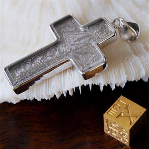 Genuine Natural Gibeon Meteorite Silver Fashion Charm Cross Shape Woman Man Pendant 39x26x5mm