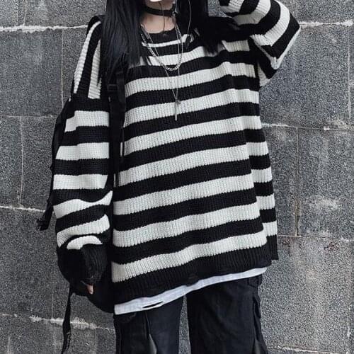 Pullover WomenS Oversized Ulzzang BF Unisex Couple Japanese Striped Knitted Sweater Hip-Hop Women Winter Fashion Retro Everyday
