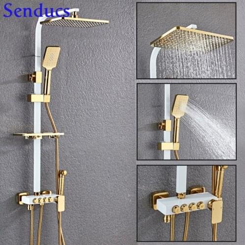 Senducs Thermostatic White Gold Bathroom Shower Set Newly Rotary Knob Wall Mounted Thermostatic Shower System
