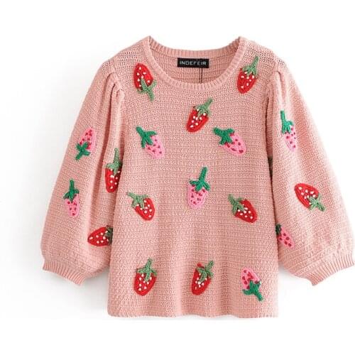 Knitted Strawberry Sweater Female Sweater Pink Winter Autumn Woman 2020 Womens Long Sweater Knit Pullover Sweaters for Women