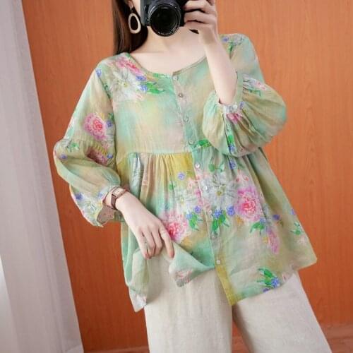 Women Summer Cotton Linen Casual Shirts New Arrival 2021 Vintage Style O-neck Floral Print Loose Female Short Sleeve Tops B116