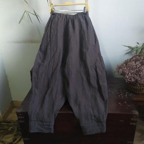 Women Spring Summer Solid Color Line Pants Ladies Elastic Waist Vintage Flax Pants Female Loose Linen Trousers 2021