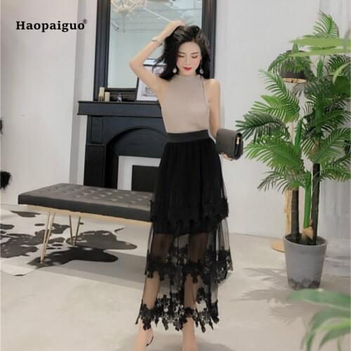 2 Piece Set Women Summer Khaki Sleeveless Halter Elegant Korean Knitting Top and Black Vintage Party Club Skirt Two Piece Set