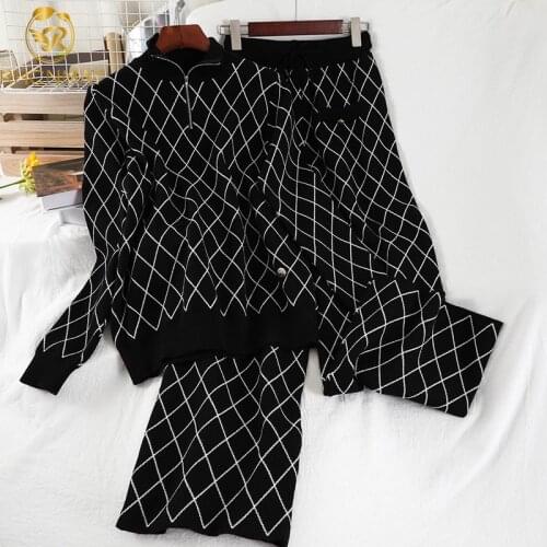 New Women Elegant Autumn Winter Korean Style Loose Half-length High Neck Fried Street Sweater Wide Leg Pants Two Piece Set Women