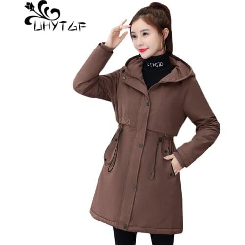 UHYTGF female trench coat Fashion hooded plus velvet warm autumn winter Windbreaker women loose 3XL plus size coat long top 1123