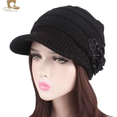 Women Cable Knit Newsboy beret Visor knitted beanie Cap Hat with Sequined Flower Accent