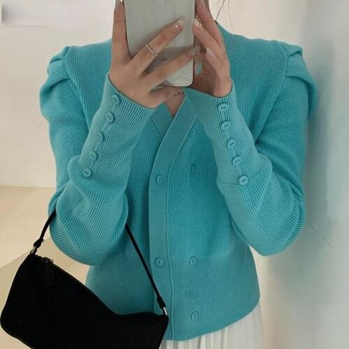 2021 Autumn New Women Knitwear Coat Korean Puff Long Sleeve V-neck Slim Short Knitted Cardigan Sweater Jacket