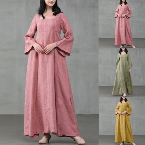 Retro Women O Neck Long Sleeve Solid Color Large Hem Cotton Linen Maxi Dress