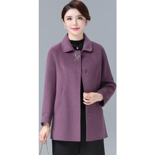 Short Mothers Lady Winter Bright Dark Purple Blue Woolen Coat Big Size Female Moms Loose Turn Down Collar Cashmere Overcoating