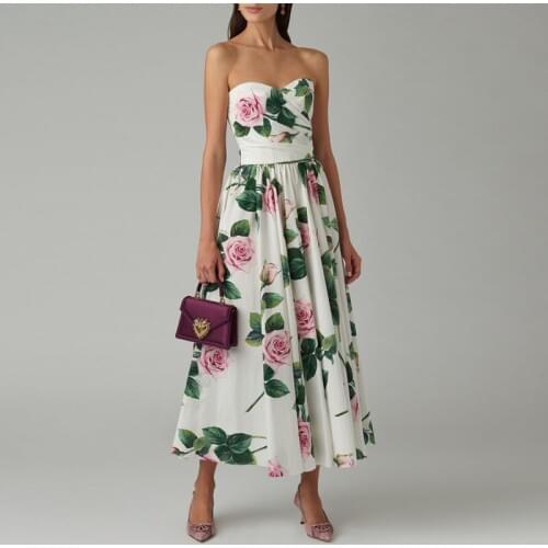 Women Dress Ukraine Summer Polyester A-line Slash Neck Sleeveless None Womens Dress Tube Top Waist Fashion Print Long 2020 New