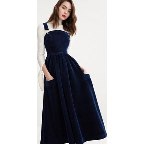 Straps Dress Women Lanon Blended Corduroy Fabric Solid Pockets Simple Design Youth Sweet Style Female New Fashion Spring 2018