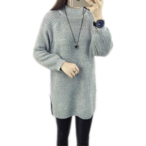 New Loose Autumn Winter Women Knitted Sweater Mini Dress 2019 Long Sleeve Half-Collar Sweater Pullovers Women Bottom Dress Q620