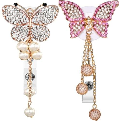 2Pcs Butterfly Badge Reels Retractable Rhinestone Badge Holders Name Tag Holder Reels With Alligator Clips For Nurses