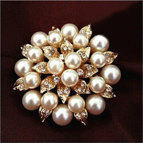 Gold Color High Quality Imitation Pearl&Crystals Rhinestone Flower Pin Brooch For Wedding Brides
