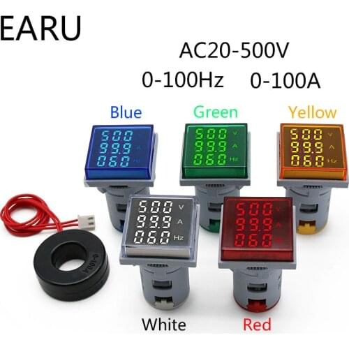 Square LED Digital Voltmeter Ammeter Hertz Meter AC20-500V Signal Lights Voltage Current Frequency Combo Meter Indicator Tester