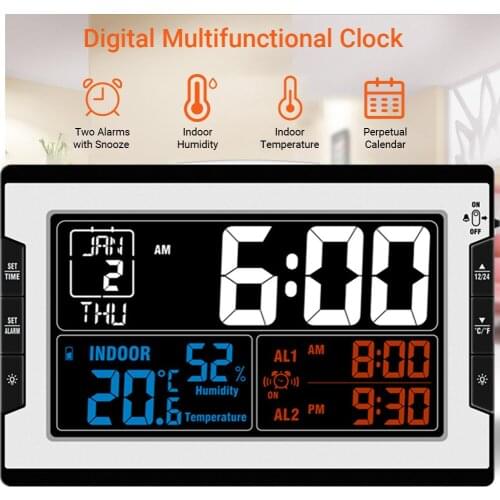Digital Clock with Indoor Temperature Humidity Thermo-Hygrometer Thermometer & Hygrometer Large Color Display with Backlight