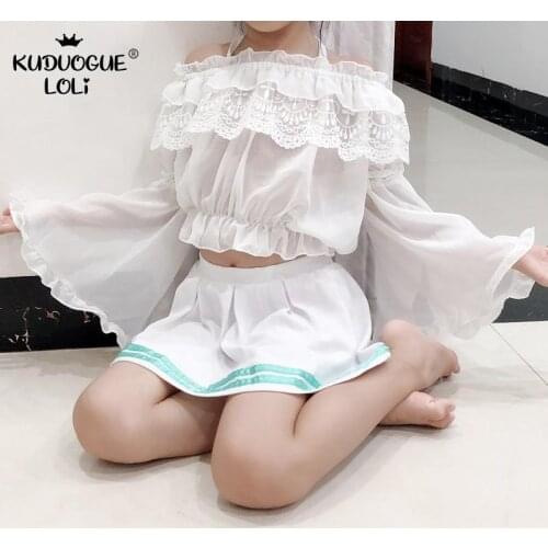 Childrens Doll Collar Chiffon Shirt Lolita Off-shoulder Baby Girls Long Sleeve Student Floral Ruffles Clothing White Undershirt